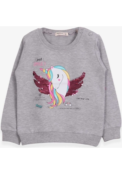 Breeze Kız Çocuk Sweatshirt Unicorn Baskılı 2-6 Yaş, Gri Melanj (550006073)