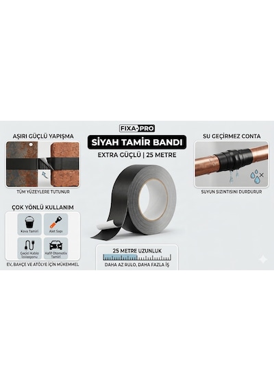 Uzun Metraj-25 Metre X 5cm Tamir Bandı Siyah Renk