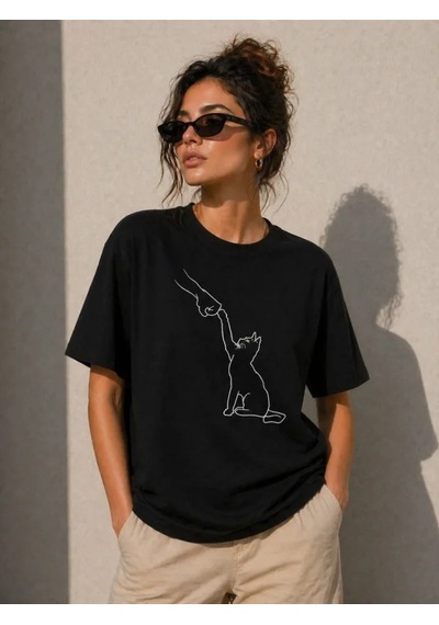 Efnaz Style Minimal Kedi Çizim Baskılı Tişört Kısa Kol Yazlık T-shirt - Siyah