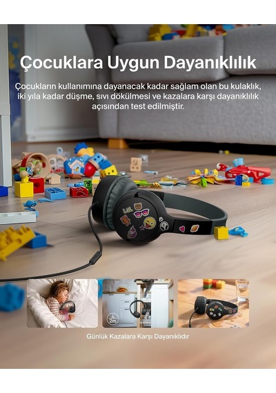 Soundform Mini Kids Kablolu Kulaklık Siyah Usb-c + 3,5 Mm Adaptör, Dahili Mikrofon, 85 Db Ses Sınırı, Eğlenceli Çıkartmalar, İphone, İpad, Galaxy Uyumlu