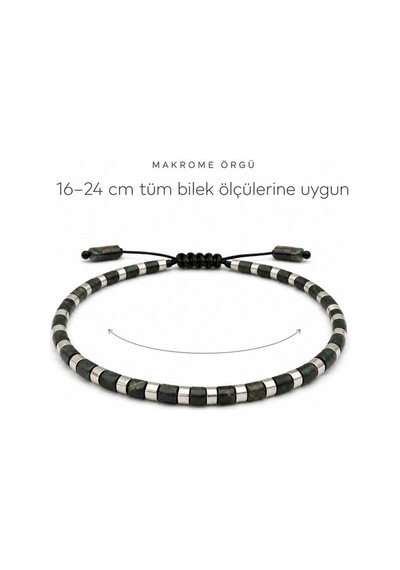 Jasper Kadın Erkek Doğal Taş Bileklik - Ayarlanabilir Makrome, Yassı Kesim Yeşil