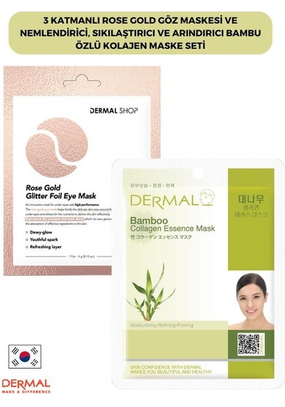 Dermal 3 Katmanlı Rose Gold Göz Maskesi ve Nemlendirici Sıkılaştırıcı ve Arındırıcı Bambu Özlü Kolajen Maske Seti