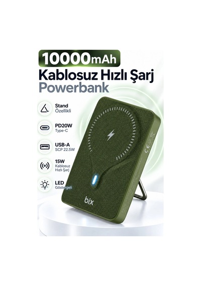 Exenar - Yeşil - 10000mah Standlı Pd20w Type-c - Usb-a Scp22.5w - 15w Kablosuz Hızlı Şarj Led Göstergeli Powerbank Haki Yeşil Exenar - Yeşil - 10000mah Standlı Pd20w Type-c - Usb-a Scp22.5w - 15w Kablosuz Hızlı Şarj Led Göstergeli Powerbank Haki Yeşil