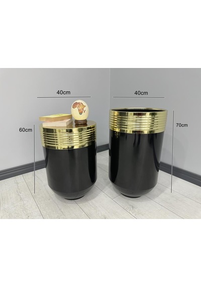 Elegant Dekoratif Gold Darbuka Parlak Siyah Saksı 70cm + Sehpa 60cm İkili Set