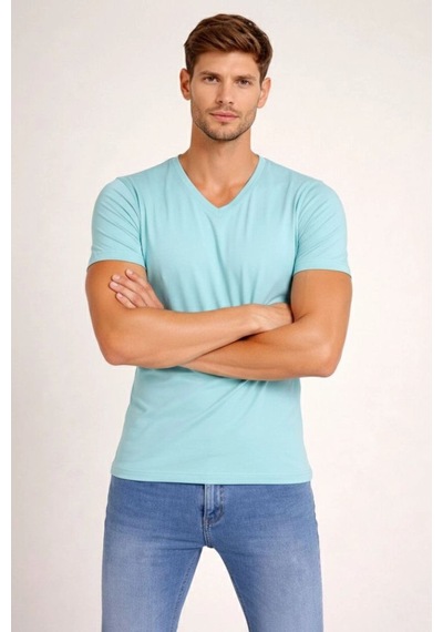 Erkek Body T-shirt V Yaka Slim Fit Likralı Kısa Kol Tişört - Turkuvaz Turkuaz
