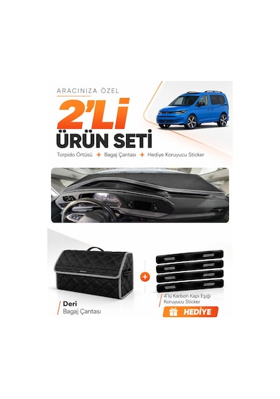 Volkswagen Caddy 2022-2026 Uyumlu Torpido Örtüsü + Deri Bagaj Çantası + Sticker Seti - Siyah Gri