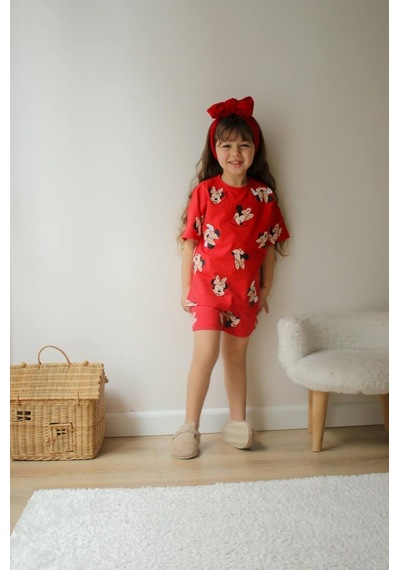 Miniko Kids Kız Çocuk Karakter Modelli Baskılı Şortlu Pamuk Takım Kırmızı