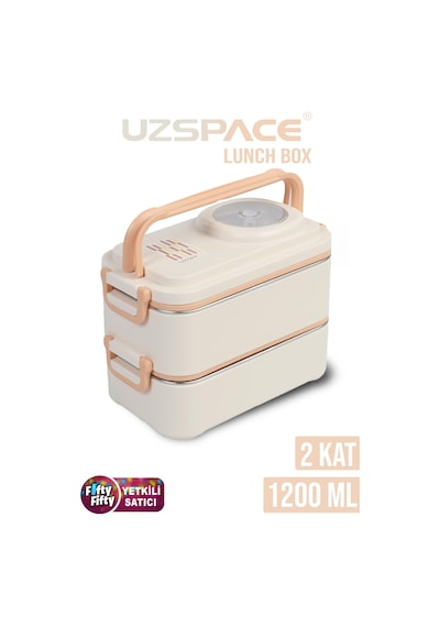 Uzspace 1200 Ml İki Kat Dört Bölme Paslanmaz Çelik Lunch Box Yeni Nesil Sefer Tası-sos Kaseli Model-fflbox8023 Bej