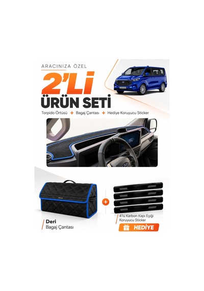 Ford Transit Custom 2025-sonrası Uyumlu Torpido Örtüsü + Deri Bagaj Çantası + Sticker - Siyah Mavi