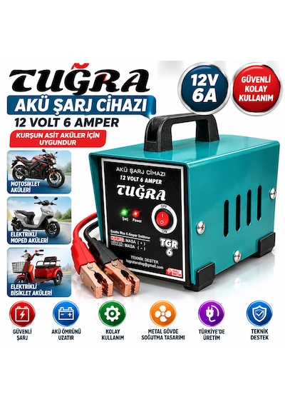 Tuğra 12v 6a Akü Şarj Cihazı Kurşun Asit Aküler İçin Motosiklet Elektrikli Bisiklet Ve Moped Akü Şarj Aleti