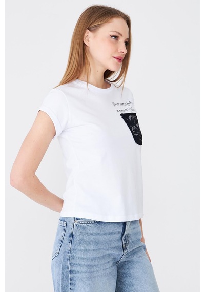 Sortie Collection Dantel Cepli Yazı Baskılı Katlama Kollu Tshirt Ekru Beyaz