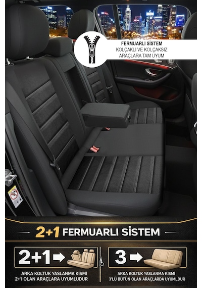 Alcantara Serisi Lüks Üniversal Oto Koltuk Kılıfı - 5 Kotuk Tam Set Beyaz