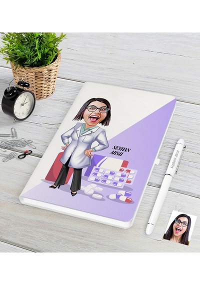 Kişiye Özel Bayan Eczacı Karikatürlü Beyaz Defter Kalem Seti-3