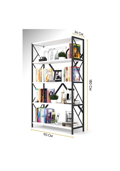 Morpanya Ural 5 Raflı Geniş Metal Kitaplık Dosya Kitap Rafı Ofis Salon Metal Raf 90x180 Siyah Beyaz