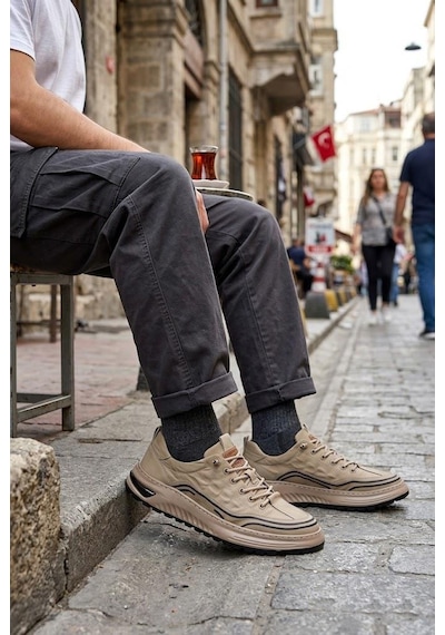 Pepita E146 Rahat Hafif Keten Özel Tasarım Spor Sneaker Erkek Ayakkabı Camel