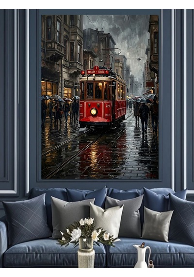 Yağmurlu İstanbul İstiklal Tramvay Sokak Dekoratif Kanvas - Mdf Ahşap Tablo Çok Renkli