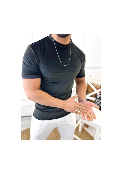 T-shirt Slim Fit Tişört Dar Kesim Kadife Tişört Siyah