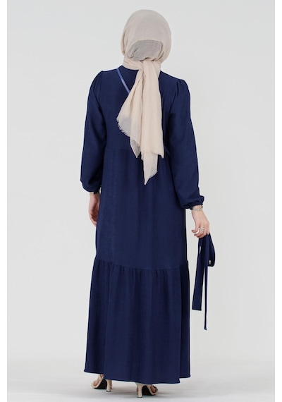 Sevitli Şura Fitilli Tesettür Elbise-saks Mavi-3297-saks Mavi Saks