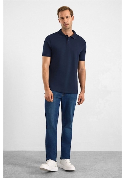Süvari Lacivert Slim Düz Baskısız Pike Düğmeli Polo Yaka Tişört Sts1014000019-m09