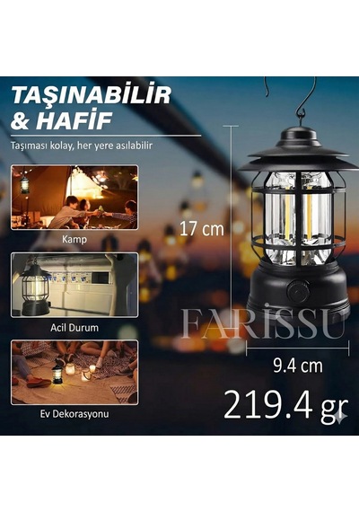 Alaska Retro Şarjlı Kamp Lambası - Ipx4 Su Geçirmez, Dimmer Ayarlı, 1200mah Led Fener Renkli