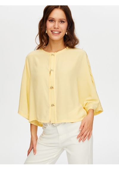 Faik Sönmez Gold Düğme Detaylı Dökümlü Rayon Bluz W26blz006 Uw26blz00660 Sarı