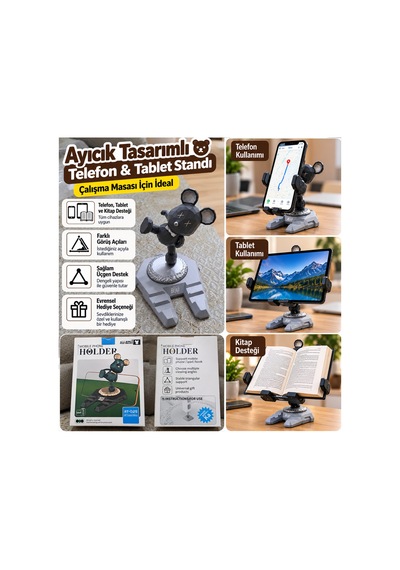 Ayıcık Tasarımlı Masaüstü Telefon Tablet Ve Kitap Standı Ayarlanabilir Açılı Dekoratif Tutucu Rt-025 - 936458965