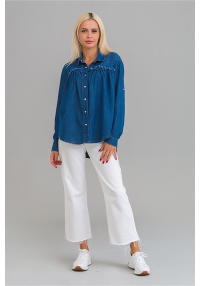Bold & Young Kadın Pis Dikişli Pamuklu Denim Kumaş Çıtçıtlı Kol Britli Kot Gömlek İndigo