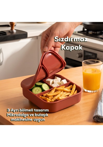 Porsima 34008-1 Silikon 3 Bölmeli Beslenme Kabı Kiremit 14 16cm