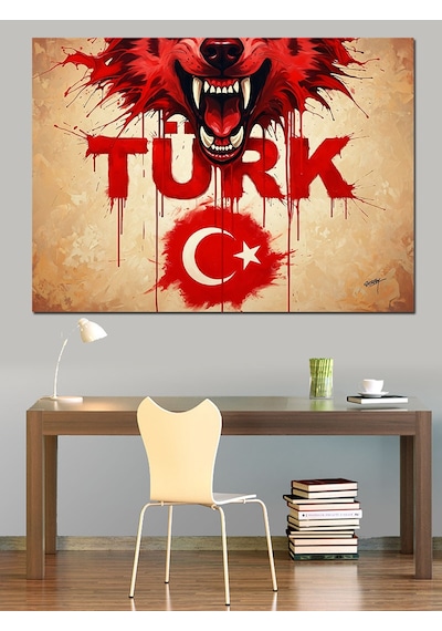 Türkiye Kalp Logo Kurt İllüstrasyon Dekoratif Kanvas - Mdf Ahşap Tablo