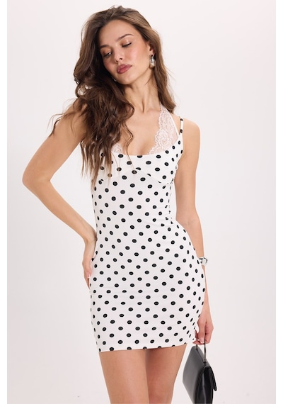 Tudors Kadın Slim Fit Dar Kesim Boyundan Bağlamalı Sıfır Kol Dantel Detaylı Ekru Elbise-52066