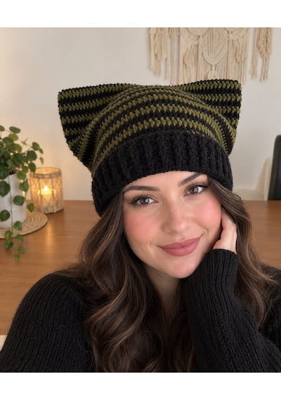 Nova Design Siyah Yeşil Çizgili Kedi Kulaklı Cat Beany Bere Siyah-yeşil