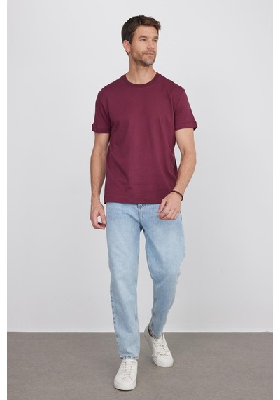 Tudors Unisex Relax Fit Rahat Kesim %100 Pamuk Yumuşak Dokulu Hafif Kalın Bordo Bisiklet Yaka Tişört-35717 Bordo