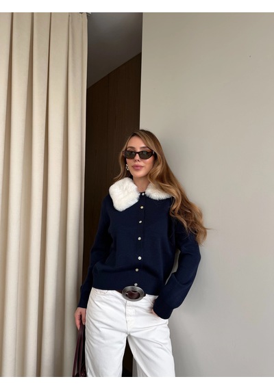 Laluvia Lacivert Yakası Kürklü Hırka - 261002 Lacivert