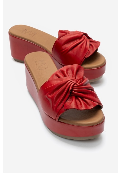 Luvishoes Jeff Kırmızı Cilt Hakiki Deri Fiyonklu Kadın Dolgu Topuklu Terlik