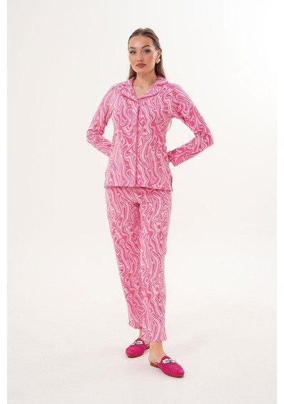 Çift Kaplan Kadın Pamuk Gömlek Yaka Önden Düğmeli Pembe Pijama Takımı 7023 Pembe