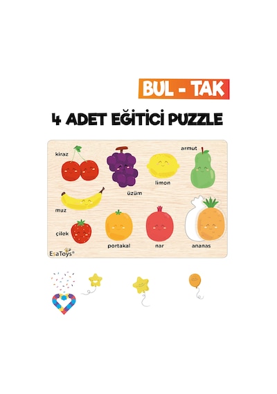 Ahşap Çocuk Puzzle Hayvanlar Taşıtlar Meslekler Ve Meyveler 4 Adet