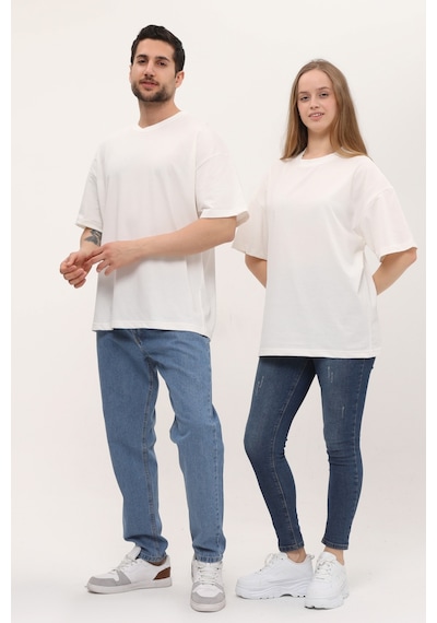 Unisex Kırık Beyaz Oversize Bol Kalıp T-shirt Ekru