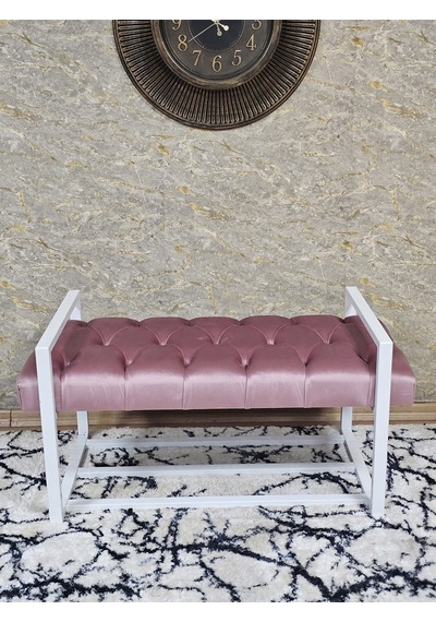 Zafir Beyaz Boyalı Metal 80 Cm Puf Bench - Antre Puf - Hol Bench - Puf - Oturak - Bench Pembe