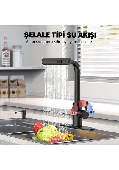 Valkyrie Çekilebilir Şelale Akışlı Mutfak Bataryası 3 Fonksiyonlu 360 Döner Siyah
