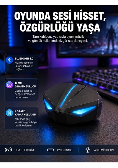 Tam Kablosuz Oyuncu Kulaklığı 5.0 Bluetooth Led Kontrollü Yeni Nesil K55