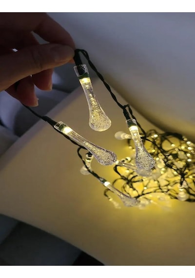 50 Damla Şeklinde Solar Led Güneş Enerjili Bahçe Balkon Aydınlatma 7 Metre Işık 8 Mod Gün Işığı