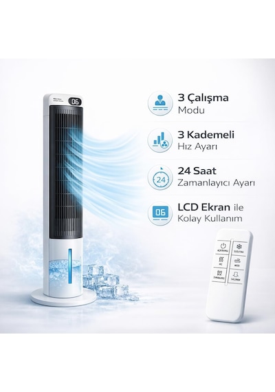Ev Tipi Kule Tipi Vantilatör & Soğutucu 70w Güçlü Hava Akışı, 3 Kademe Hız, 3l Su Tanklı
