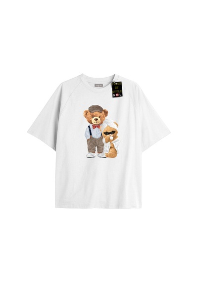 Flood Of Style Beyaz Oversize T-shirt Ayıcık Bornoz Özel Tasarım