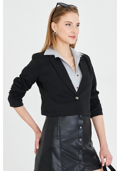 Armonika Kadın Siyah Tek Düğmeli Crop Ceket Arm-23y001064