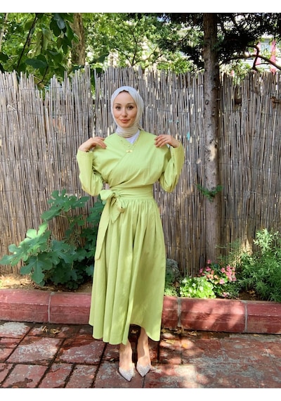 Butik Moda Etkm002 Üstü Bağlamalı Eteği Yandan Fermuarlı Takım F. Yeşili 001