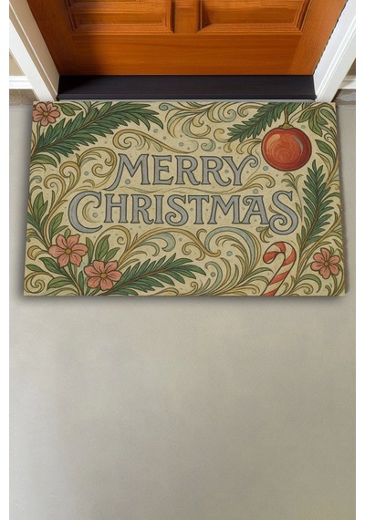 Valerine Life Çiçek Süslemeli Krem Merry Christmas Welcome Hoş Geldiniz Kapı Önü Paspası 45x70cm Kahverengi