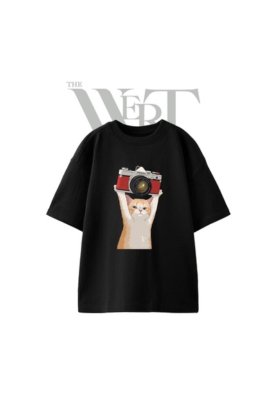 Thewert Kedi Kamera Tasarım Baskılı Ünisex Siyah Oversize T-shirt