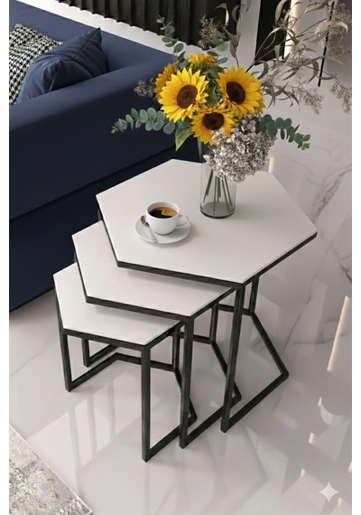 Vatoz Altıgen Siyah Metal Beyaz Mdf Tablalı 3lü Zigon Sehpa Beyaz