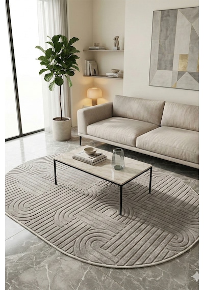 Modern Oval Halı Bambu Dokulu Kaymaz Taban Yumuşak Salon Yatak Odası Halısı Gri