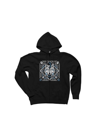 Geometrik Çerçeveli Kurt Başı Baskılı Siyah Fermuarlı Kapşonlu Sweatshirt